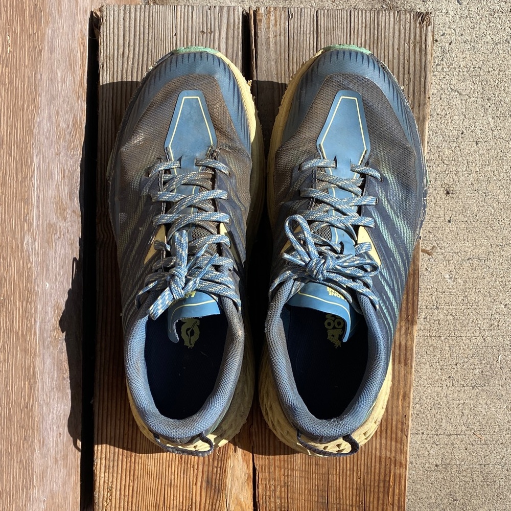 Hoka One One Speedgoat 5 Trail Runners in Blue and Yellow